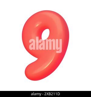 Number 9. Red digit nine in 3d style. Realistic design in cartoon balloon style, elements isolated on white background. Vector illustration. Stock Vector