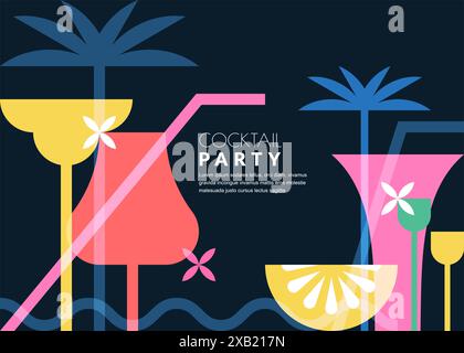 Night beach cocktails party banner, poster, flyer template. Summer tropical bar vector geometric illustration. Abstract color block flat background fo Stock Vector