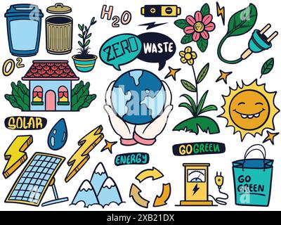 Hand drawn of green energy stickers set in colorful style. Renewable energy and go green concept vector illustration isolated on white background. Stock Vector