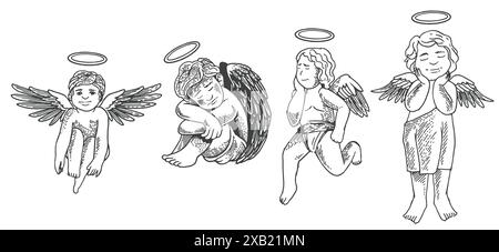 Hand drawn of cupid angels from different views in engraving black and white style isolated on white background. Cupid angel vector illustration. Stock Vector