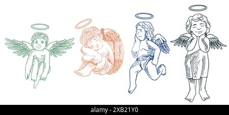 Hand drawn of cupid angels from different views in engraving colorful style isolated on white background. Cupid angel vector illustration. Stock Vector