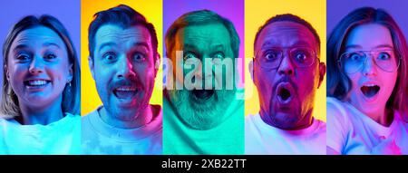 Collage made with five people, men and women expressing shocked and excited faces against multicolored background in neon light Stock Photo