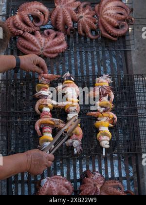 Seafood on grill in Thirasia, Santorini, Greece Stock Photo