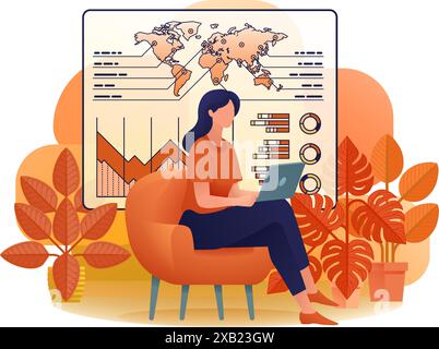 Woman Working Laptop Business Report Illustration Stock Vector