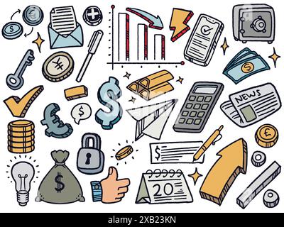 hand drawn doodle business marketing symbol set elements colorful style. Banking and finance concept vector illustration isolated on white background. Stock Vector