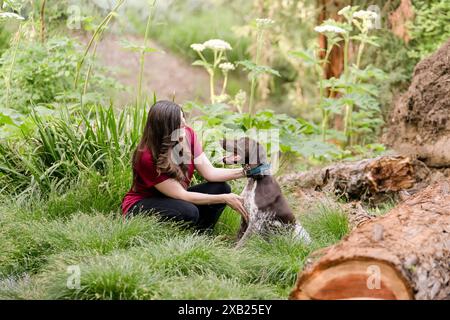Women in woods looking into the eyes of a german shorthaired poi Stock Photo