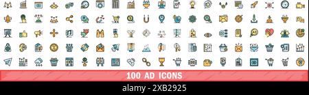 100 ad icons set. Color line set of ad vector icons thin line color flat on white Stock Vector