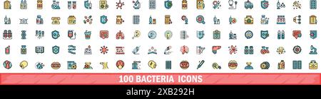 100 bacteria icons set. Color line set of bacteria vector icons thin line color flat on white Stock Vector