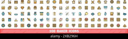 100 baker icons set. Color line set of baker vector icons thin line color flat on white Stock Vector