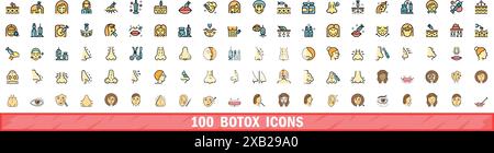 100 botox icons set. Color line set of botox vector icons thin line color flat on white Stock Vector