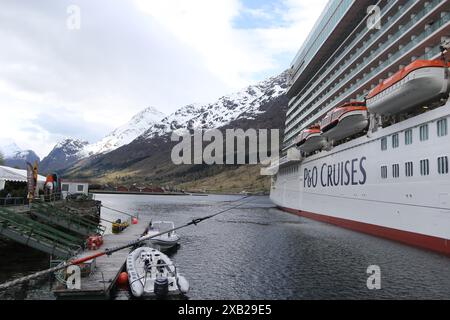 The cruise ship P&O Britannia docked in the port of Olden which is located at the end of Nordfjord in Olden, Norway Stock Photo