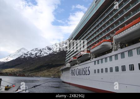 The cruise ship P&O Britannia docked in the port of Olden which is located at the end of Nordfjord in Olden, Norway Stock Photo