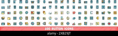 100 button icons set. Color line set of button vector icons thin line color flat on white Stock Vector