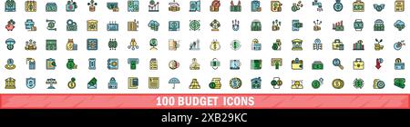 100 budget icons set. Color line set of budget vector icons thin line color flat on white Stock Vector
