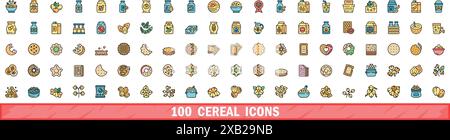 100 cereal icons set. Color line set of cereal vector icons thin line color flat on white Stock Vector