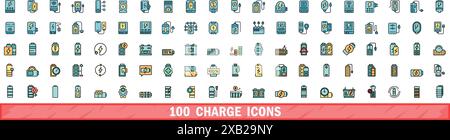 100 charge icons set. Color line set of charge vector icons thin line color flat on white Stock Vector