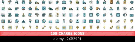 100 charge icons set. Color line set of charge vector icons thin line color flat on white Stock Vector