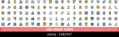100 coach icons set. Color line set of coach vector icons thin line color flat on white Stock Vector