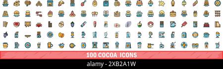 100 cocoa icons set. Color line set of cocoa vector icons thin line color flat on white Stock Vector