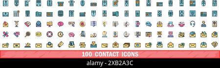 100 contact icons set. Color line set of contact vector icons thin line color flat on white Stock Vector