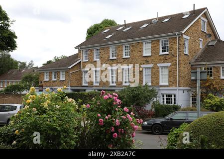 London, UK - May 30, 2019: A charming residential building with a brick facade and white window frames. The surrounding garden is in full bloom with v Stock Photo