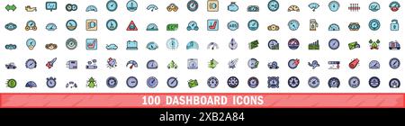 100 dashboard icons set. Color line set of dashboard vector icons thin line color flat on white Stock Vector