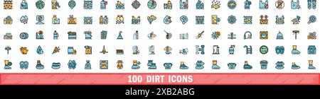 100 dirt icons set. Color line set of dirt vector icons thin line color flat on white Stock Vector