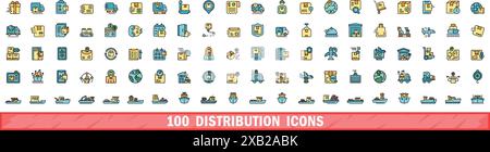 100 distribution icons set. Color line set of distribution vector icons thin line color flat on white Stock Vector