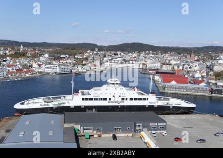 Bergensfjord is a passenger/Ro-Ro (Roll-on/roll-off) Cargo Ship built in 2006, seen in the port of Haugesund, Norway. Stock Photo