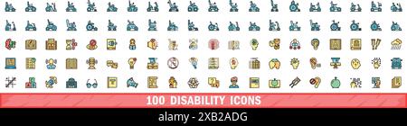 100 disability icons set. Color line set of disability vector icons thin line color flat on white Stock Vector