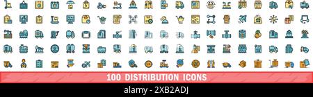 100 distribution icons set. Color line set of distribution vector icons thin line color flat on white Stock Vector