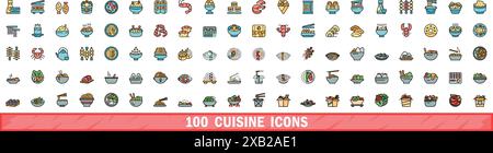 100 cuisine icons set. Color line set of cuisine vector icons thin line color flat on white Stock Vector