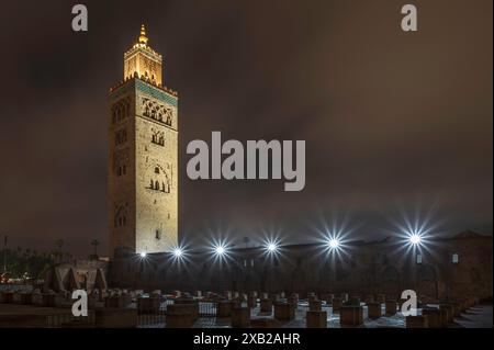 View of the Koutoubia Mosque and Minaret at night, Marrakech, Morocco Stock Photo