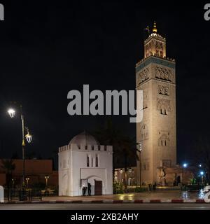 View of the Koutoubia Mosque and Minaret at night, Marrakech, Morocco Stock Photo