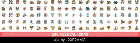 100 festival icons set. Color line set of festival vector icons thin line color flat on white Stock Vector