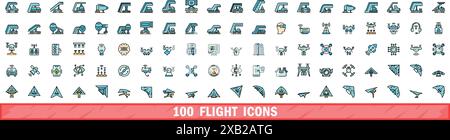 100 flight icons set. Color line set of flight vector icons thin line color flat on white Stock Vector