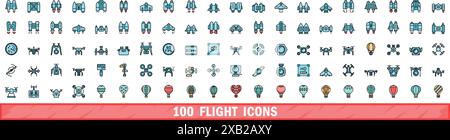 100 flight icons set. Color line set of flight vector icons thin line color flat on white Stock Vector