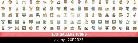 100 gallery icons set. Color line set of gallery vector icons thin line color flat on white Stock Vector