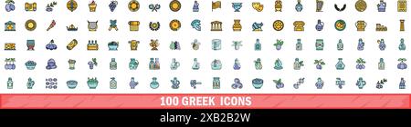 100 greek icons set. Color line set of greek vector icons thin line color flat on white Stock Vector