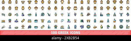 100 greek icons set. Color line set of greek vector icons thin line color flat on white Stock Vector