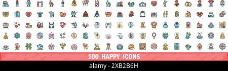 100 happy icons set. Color line set of happy vector icons thin line color flat on white Stock Vector