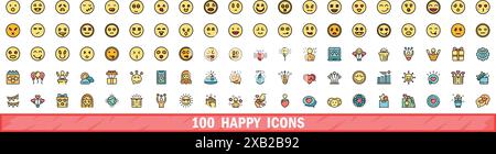 100 happy icons set. Color line set of happy vector icons thin line color flat on white Stock Vector