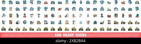 100 heavy icons set. Color line set of heavy vector icons thin line color flat on white Stock Vector