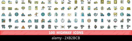 100 highway icons set. Color line set of highway vector icons thin line color flat on white Stock Vector