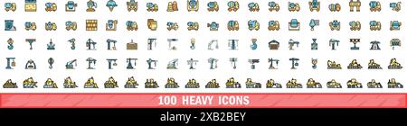 100 heavy icons set. Color line set of heavy vector icons thin line color flat on white Stock Vector
