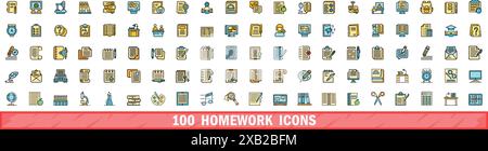100 homework icons set. Color line set of homework vector icons thin line color flat on white Stock Vector