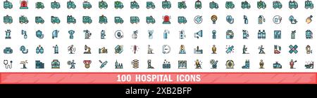 100 hospital icons set. Color line set of hospital vector icons thin line color flat on white Stock Vector