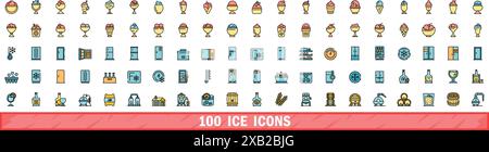 100 ice icons set. Color line set of ice vector icons thin line color flat on white Stock Vector