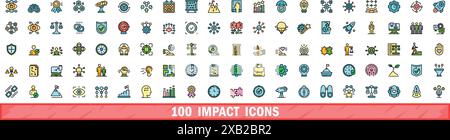 100 impact icons set. Color line set of impact vector icons thin line color flat on white Stock Vector