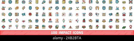 100 impact icons set. Color line set of impact vector icons thin line color flat on white Stock Vector
